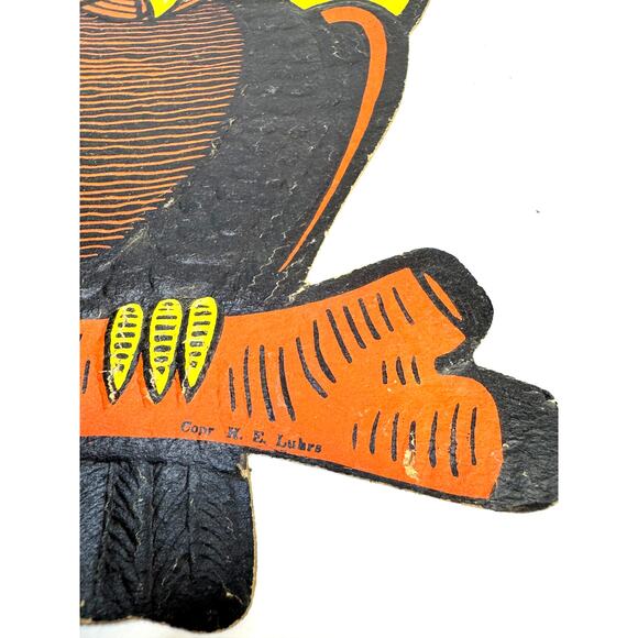 1920/30s H.E. Luhrs Co Cardboard Embossed OWL Halloween Wall Hanging Decoration - Picture 3 of 4